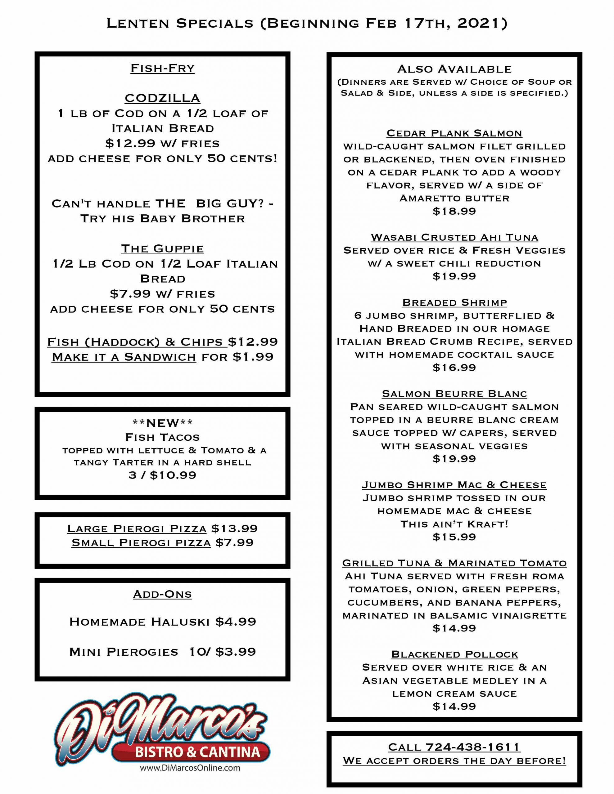 Lent Menu DiMarco's Bistro And Cantina Call To Order (724) 4381611!